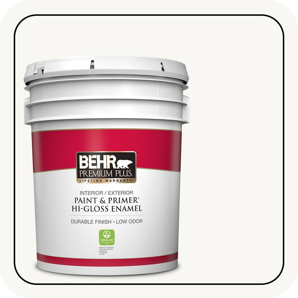BEHR PREMIUM PLUS 5 gal. Ultra Pure White Hi-Gloss Enamel Interior/Exterior Paint and Primer 815005 BEHR PREMIUM PLUS 5 gal. Ultra Pure White Hi-Gloss Enamel Interior/Exterior Paint and Primer 815005
