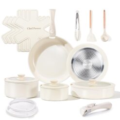 Chef Power Ceramic Cookware Set Non Toxic with Detachable Handles, Healthy Nonstick Pans and Pots Set 19 Pcs, Cream White