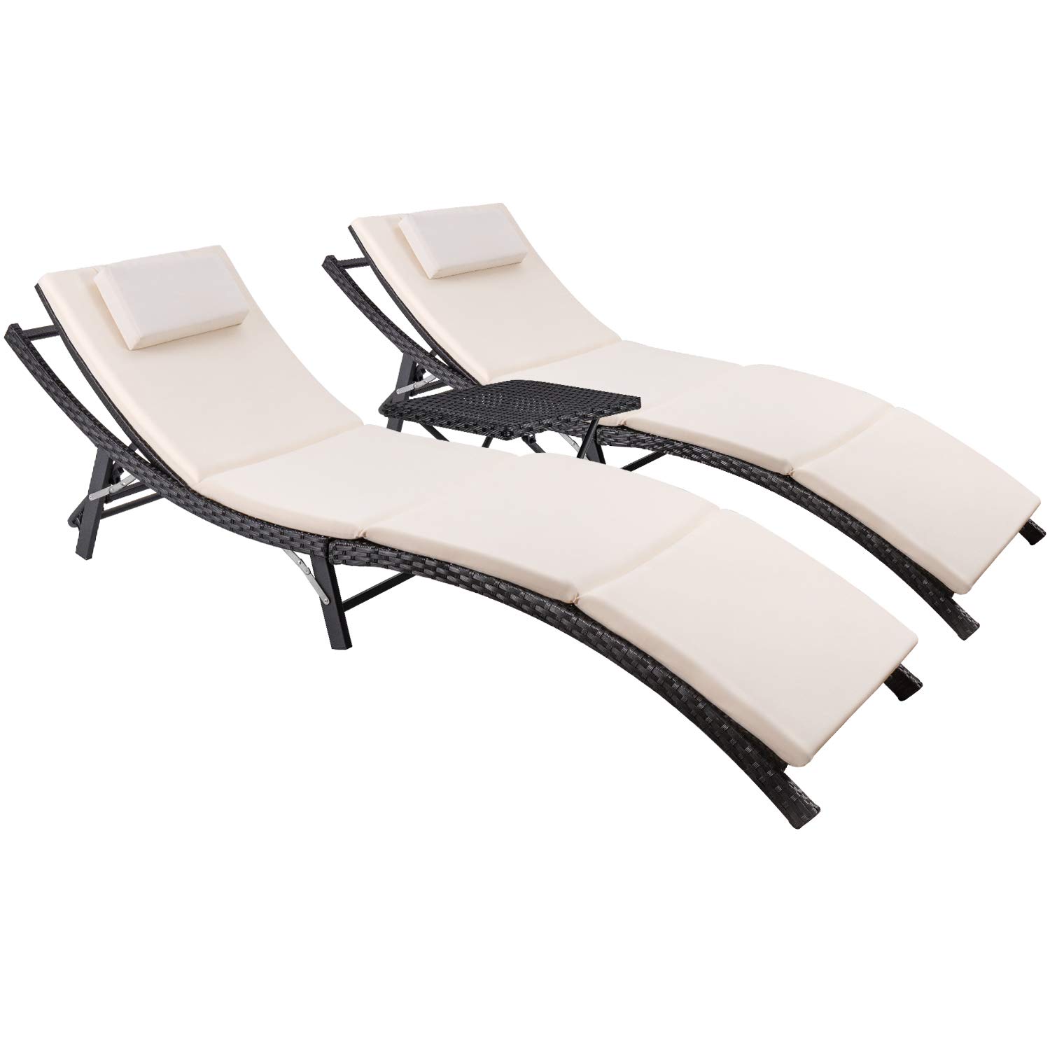 Devoko Patio Chaise Lounge Sets Outdoor Rattan Adjustable Back 3 Pieces Cushioned Patio Folding Chaise Lounge (Beige) Devoko Patio Chaise Lounge Sets Outdoor Rattan Adjustable Back 3 Pieces Cushioned Patio Folding Chaise Lounge (Beige)