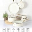 Martha Stewart Lockton Premium Nonstick PFA Free Ceramic Interior 10 Piece Cookware Set - Linen White w/Gold Handle