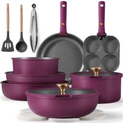 CAROTE 19pcs Pots and Pans Set, Nonstick Cookware Set Detachable Handle, Gold and Purple