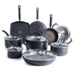 T-fal Ultimate Hard Anodized Nonstick Cookware Set 14 Piece, Oven Broiler Safe 400F, Lid Safe 350F, Kitchen Cooking Set w/Fry Pans, Black
