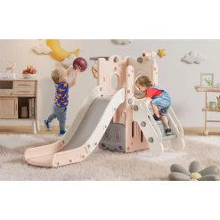 Suteck 7 in 1 Kids Slide, Toddler slide with Climber Outdoor Indoor Slide Playset, Pink/Gray
