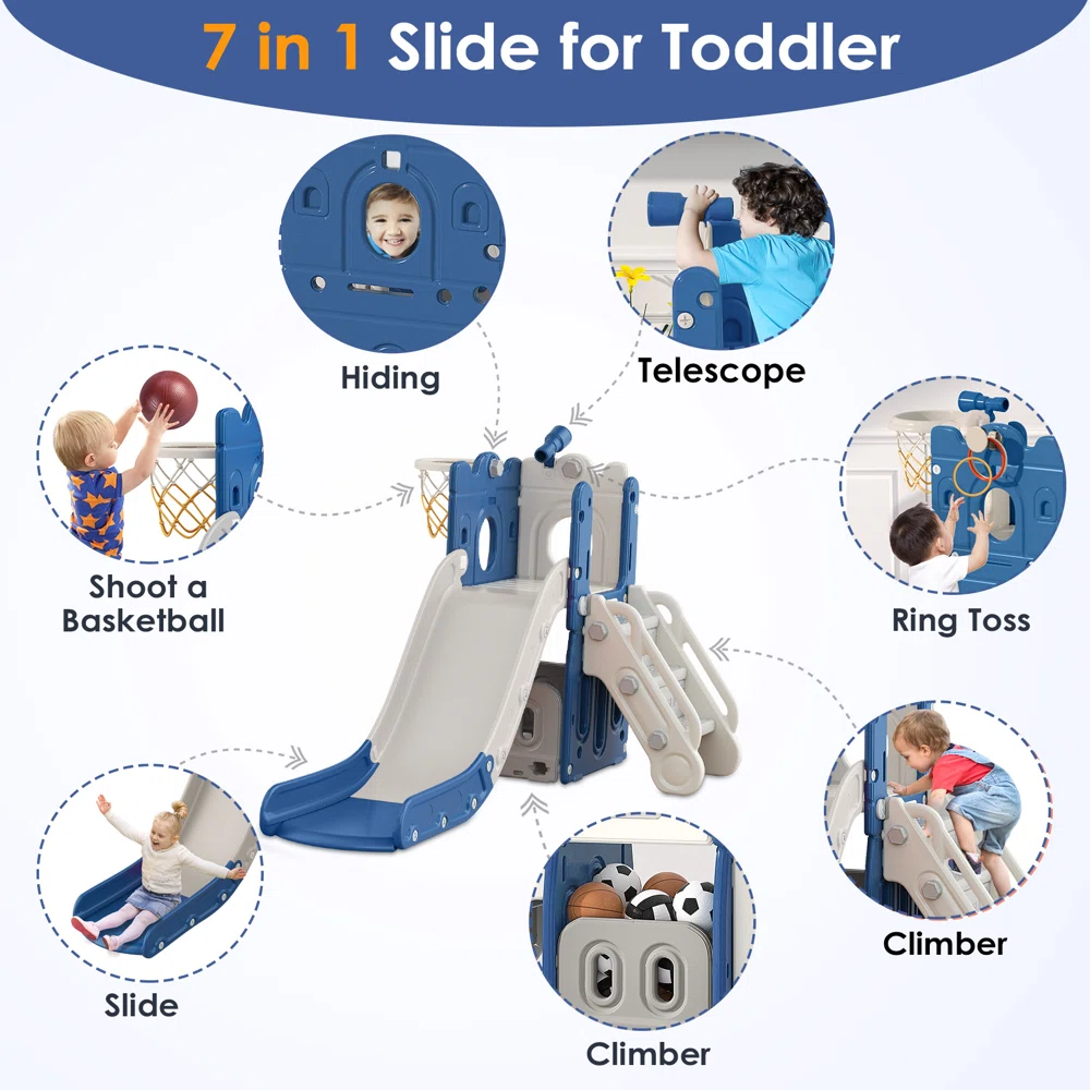 Suteck 7 in 1 Kids Slide, Toddler slide with Climber Outdoor Indoor Slide Playset, Blue/Gray Suteck 7 in 1 Kids Slide, Toddler slide with Climber Outdoor Indoor Slide Playset, Blue/Gray - Image 8