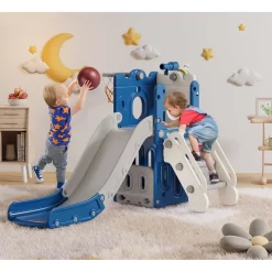 Suteck 7 in 1 Kids Slide, Toddler slide with Climber Outdoor Indoor Slide Playset, Blue/Gray