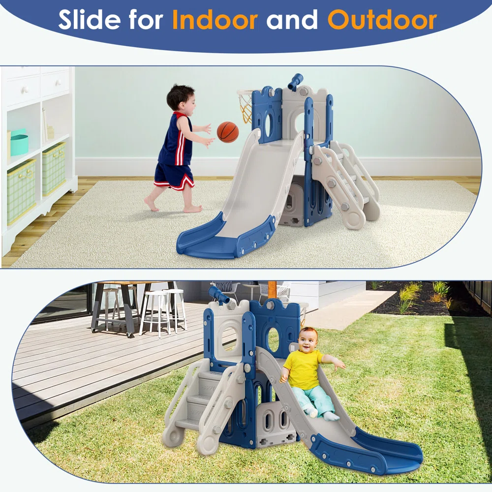 Suteck 7 in 1 Kids Slide, Toddler slide with Climber Outdoor Indoor Slide Playset, Blue/Gray Suteck 7 in 1 Kids Slide, Toddler slide with Climber Outdoor Indoor Slide Playset, Blue/Gray - Image 4