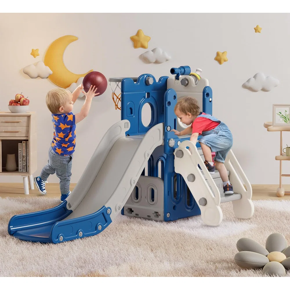 Suteck 7 in 1 Kids Slide, Toddler slide with Climber Outdoor Indoor Slide Playset, Blue/Gray Suteck 7 in 1 Kids Slide, Toddler slide with Climber Outdoor Indoor Slide Playset, Blue/Gray