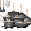 JEETEE Pots and Pans Set Nonstick 20PCS, Granite Coating Induction Compatible with Frying Saucepan (Grey, Cookware Set)