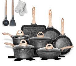 JEETEE Pots and Pans Set Nonstick 20PCS, Granite Coating Induction Compatible with Frying Saucepan (Grey, Cookware Set)