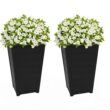 Keter Set of 2 Resin Modern Outdoor 22 Inch Tall Large Flower Pots, Tapered Wood Look Planters, Graphite