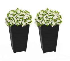 Keter Set of 2 Resin Modern Outdoor 22 Inch Tall Large Flower Pots, Tapered Wood Look Planters, Graphite
