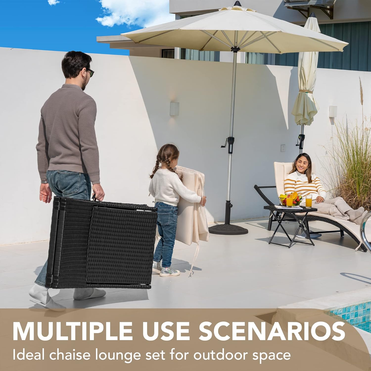 Devoko Patio Chaise Lounge Sets Outdoor Rattan Adjustable Back 3 Pieces Cushioned Patio Folding Chaise Lounge (Beige) Devoko Patio Chaise Lounge Sets Outdoor Rattan Adjustable Back 3 Pieces Cushioned Patio Folding Chaise Lounge (Beige) - Image 4