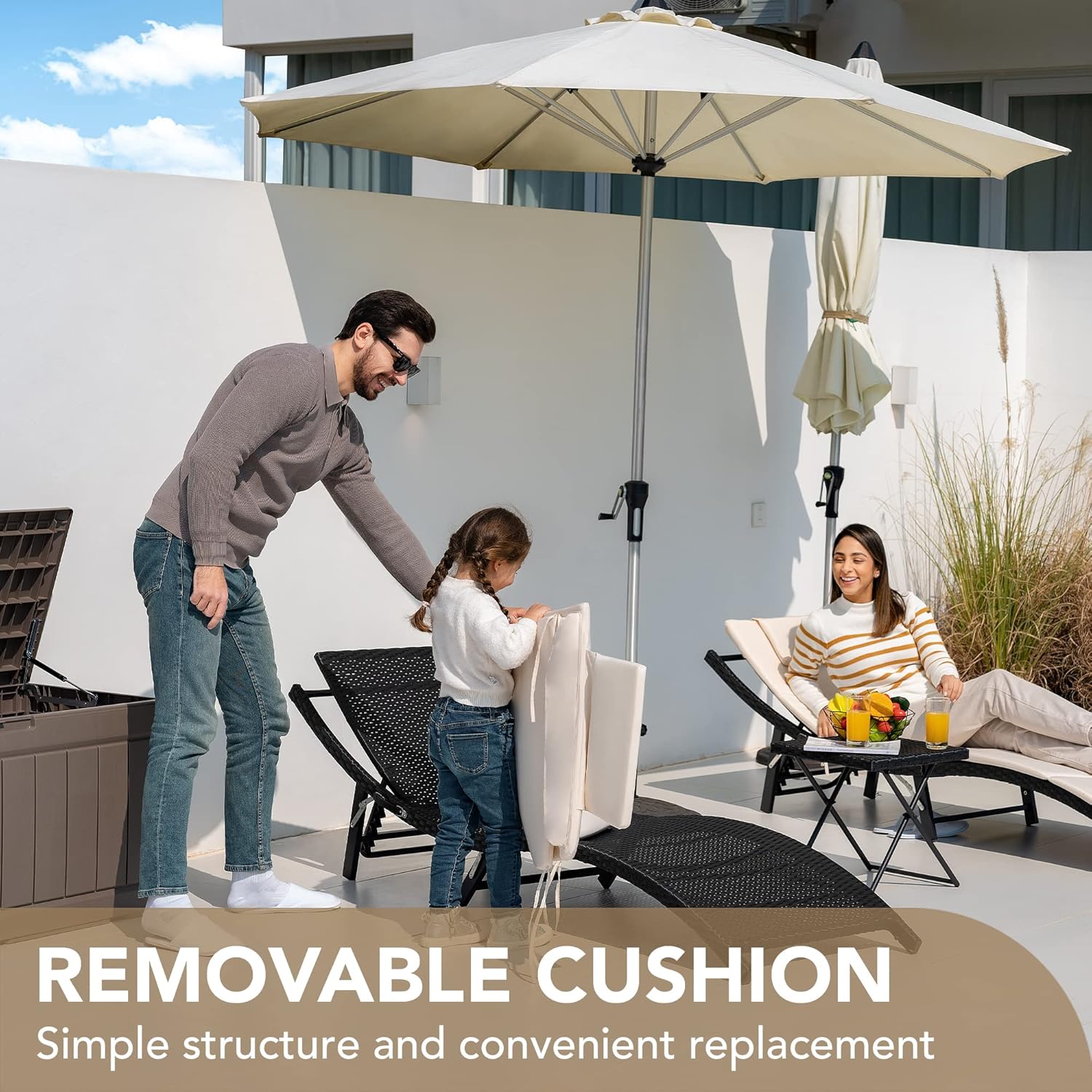 Devoko Patio Chaise Lounge Sets Outdoor Rattan Adjustable Back 3 Pieces Cushioned Patio Folding Chaise Lounge (Beige) Devoko Patio Chaise Lounge Sets Outdoor Rattan Adjustable Back 3 Pieces Cushioned Patio Folding Chaise Lounge (Beige) - Image 3