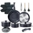 Chef Power Ceramic Nonstick Cookware Set 19 Piece with Detachable Handle, Rock Stone Black