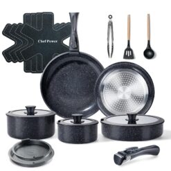 Chef Power Ceramic Nonstick Cookware Set 19 Piece with Detachable Handle, Rock Stone Black