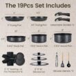 Chef Power Ceramic Nonstick Cookware Set 19 Piece with Detachable Handle, Rock Stone Black