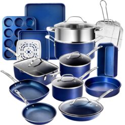 Granitestone True 20 Pc Pots and Pans Set Non Stick Cookware Set with Deep Square Pan and Bakeware Set, Blue Diamond