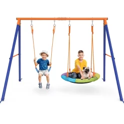 Jovego 690lbs 2 Seat Swing Set for Backyard, 1 Saucer Swing and 1 Belt Swing