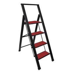 Sorfey Step Ladders 4 - Step Steel Lightweight Folding Step Ladder, Black/Red