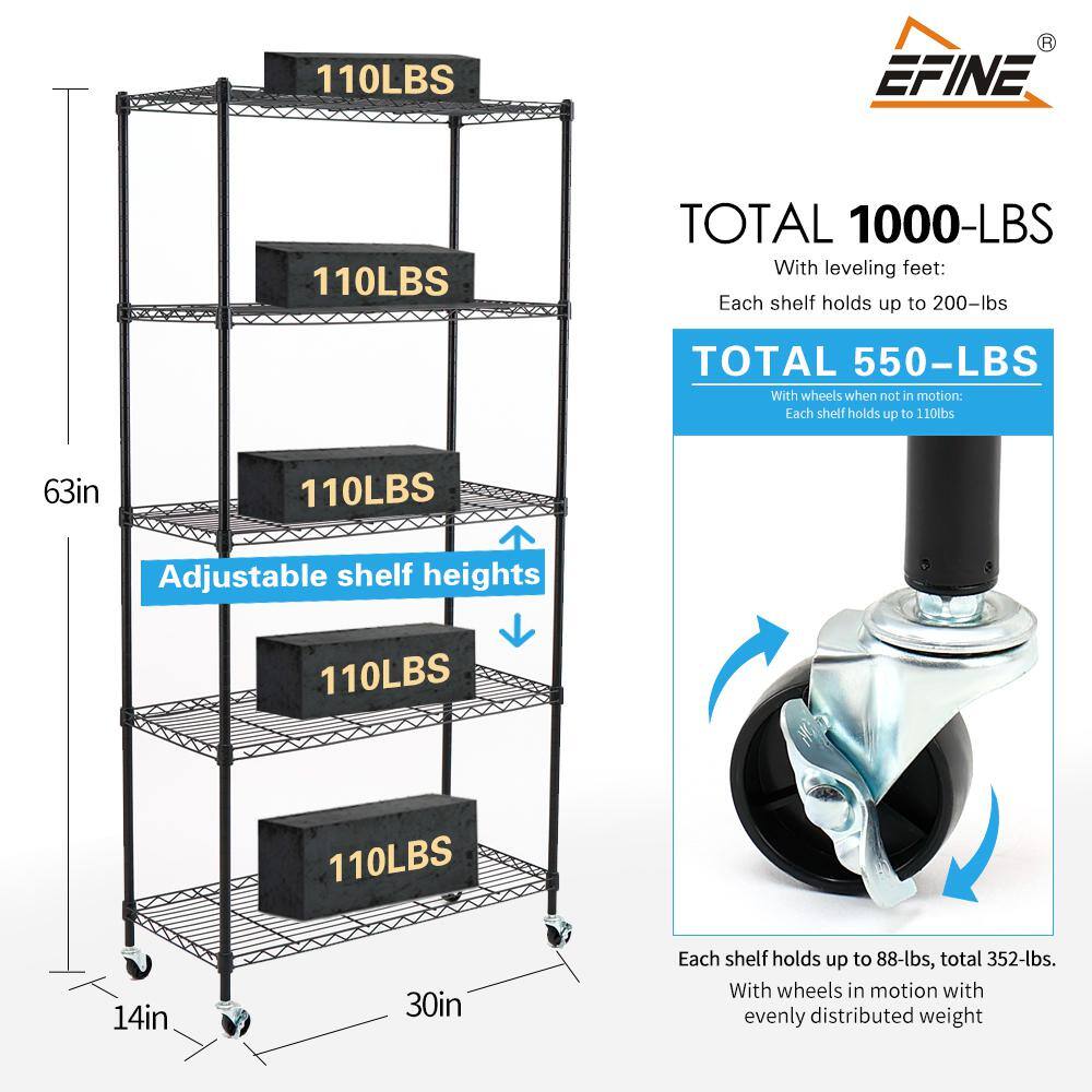 EFINE Black 5-Tier Rolling Carbon Steel Wire Garage Storage Shelving Unit with Casters (30 in. W x 63 in. H x 14 in. D) EFINE Black 5-Tier Rolling Carbon Steel Wire Garage Storage Shelving Unit with Casters (30 in. W x 63 in. H x 14 in. D) - Image 7