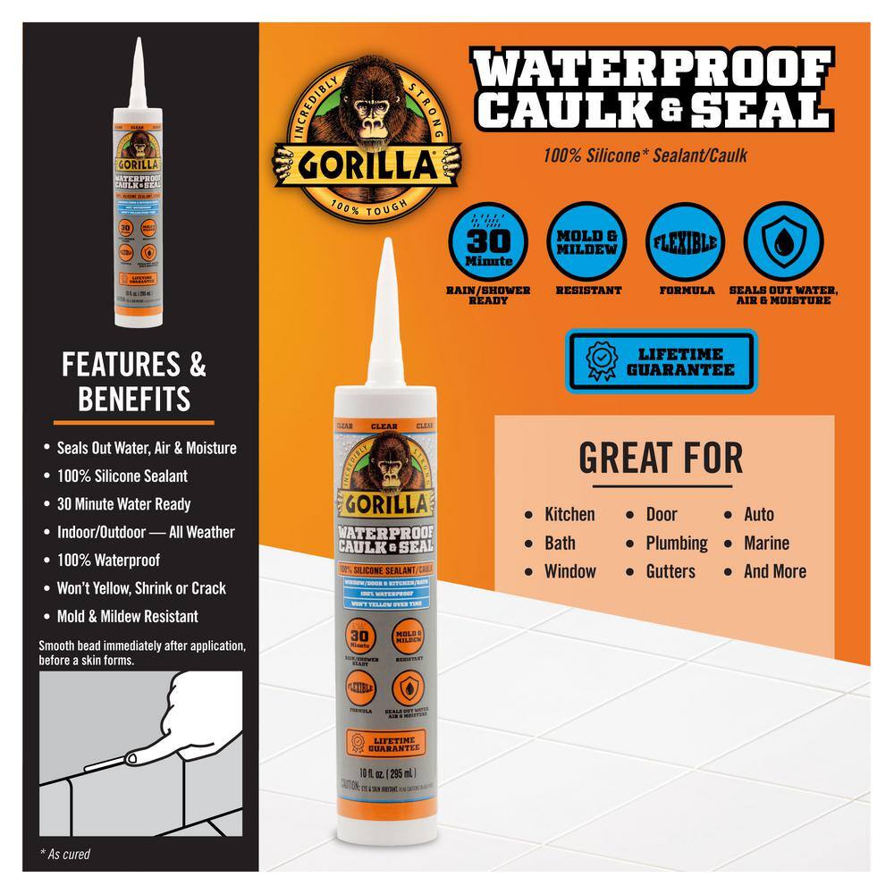 Gorilla 10 oz. Waterproof Caulk and Seal 100% Silicone Sealant Clear ( 12-Pack) Gorilla 10 oz. Waterproof Caulk and Seal 100% Silicone Sealant Clear ( 12-Pack) - Image 4
