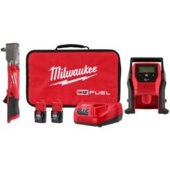 Milwaukee M12 FUEL 12V Lithium-Ion Brushless Cordless 1/2 in. Right Angle Impact Wrench Kit with Two 2.0 Ah Batteries & Inflator