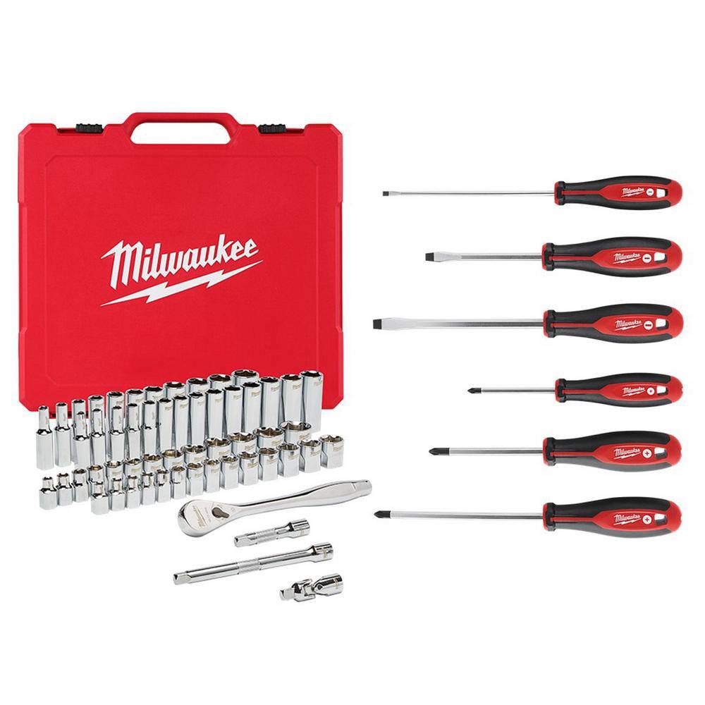 Milwaukee 3/8 in. Drive SAE/Metric Ratchet and Socket Mechanics Tool Set (56 piece) & Screwdriver Set (6 piece) Milwaukee 3/8 in. Drive SAE/Metric Ratchet and Socket Mechanics Tool Set (56 piece) & Screwdriver Set (6 piece)