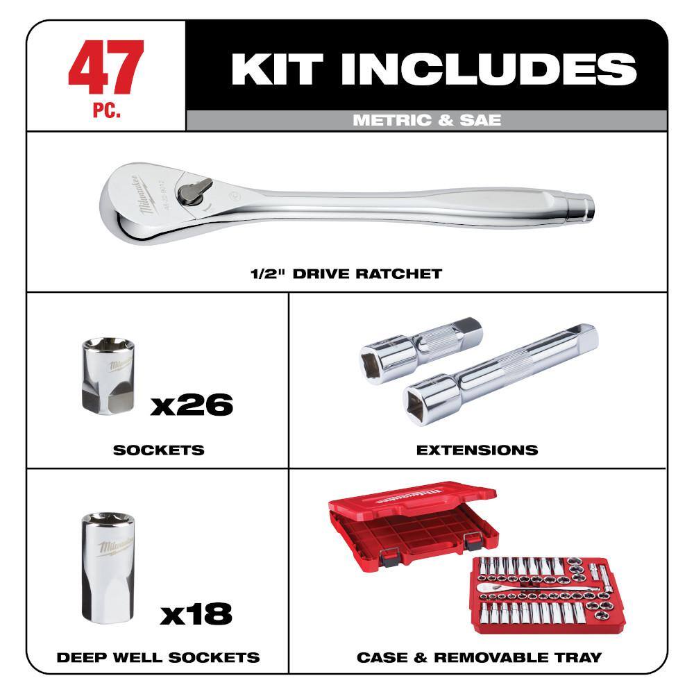 Milwaukee 1/2 in. Drive SAE/Metric Ratchet and Socket Mechanics Tool Set with Screwdriver Set (55-Piece) Milwaukee 1/2 in. Drive SAE/Metric Ratchet and Socket Mechanics Tool Set with Screwdriver Set (55-Piece) - Image 9