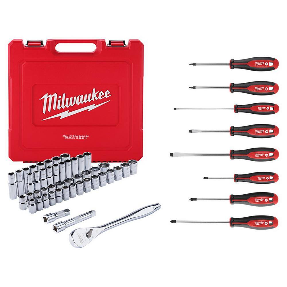 Milwaukee 1/2 in. Drive SAE/Metric Ratchet and Socket Mechanics Tool Set with Screwdriver Set (55-Piece) Milwaukee 1/2 in. Drive SAE/Metric Ratchet and Socket Mechanics Tool Set with Screwdriver Set (55-Piece)