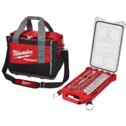 Milwaukee 3/8 in. Drive SAE Ratchet and Socket Mechanics Tool Set with PACKOUT Case (28-Piece) and 15 in. PACKOUT Tool Bag