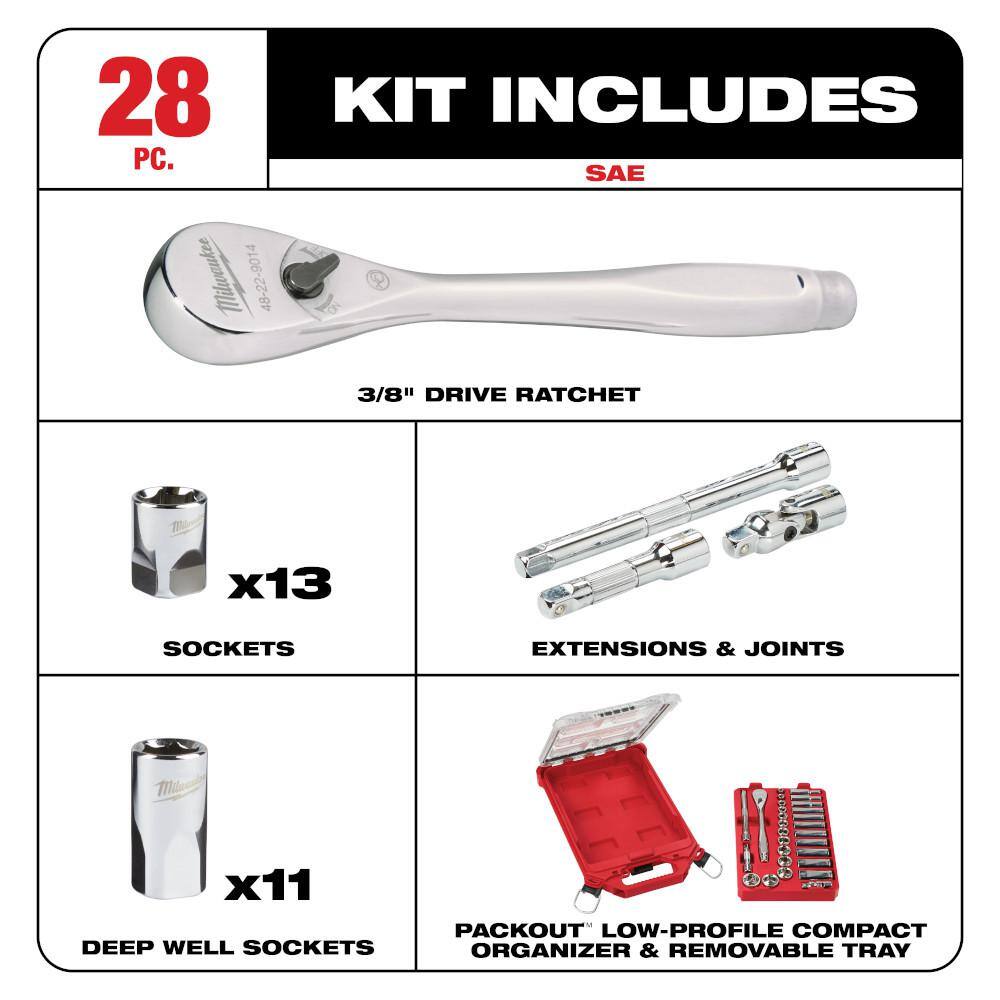Milwaukee 3/8 in. Drive SAE Ratchet and Socket Mechanics Tool Set with Packout Case and Packout Mounting Plate (29-Piece) Milwaukee 3/8 in. Drive SAE Ratchet and Socket Mechanics Tool Set with Packout Case and Packout Mounting Plate (29-Piece) - Image 13