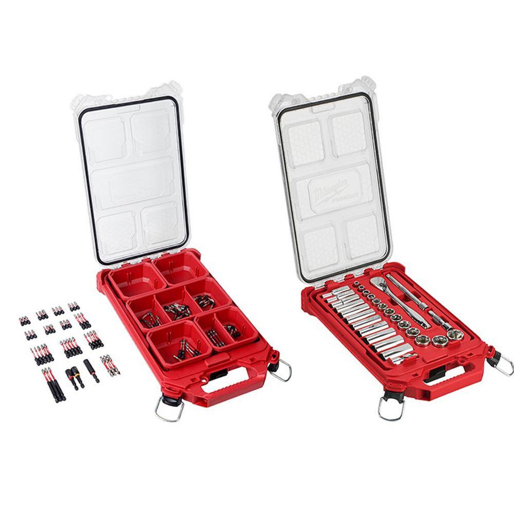 Milwaukee 3/8 in. Drive SAE Ratchet and Socket Mechanics Tool Set and SHOCKWAVE Driver Bit Set with PACKOUT Cases (128-Piece) Milwaukee 3/8 in. Drive SAE Ratchet and Socket Mechanics Tool Set and SHOCKWAVE Driver Bit Set with PACKOUT Cases (128-Piece)