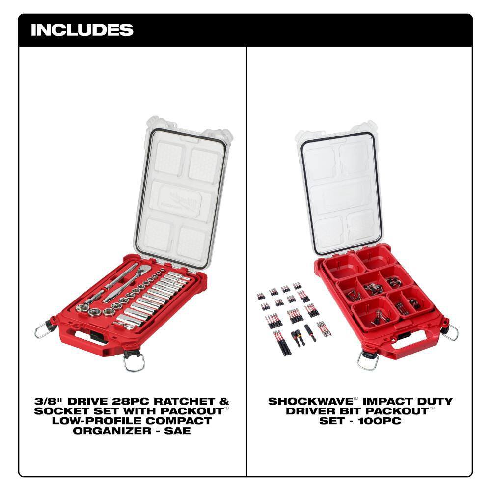 Milwaukee 3/8 in. Drive SAE Ratchet and Socket Mechanics Tool Set and SHOCKWAVE Driver Bit Set with PACKOUT Cases (128-Piece) Milwaukee 3/8 in. Drive SAE Ratchet and Socket Mechanics Tool Set and SHOCKWAVE Driver Bit Set with PACKOUT Cases (128-Piece) - Image 12