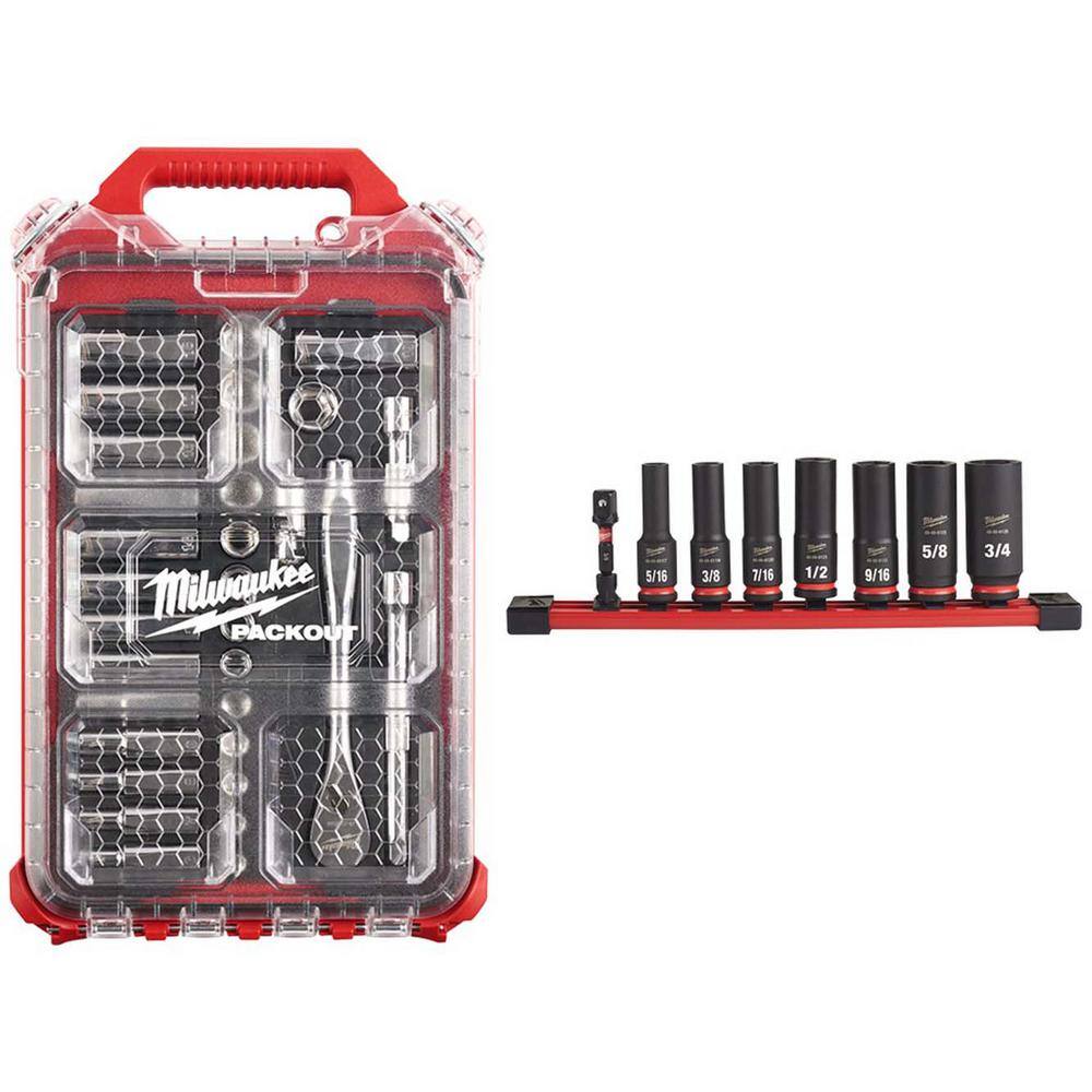 Milwaukee 3/8 in. Drive Metric Ratchet and Socket Mechanics Tool Set with PACKOUT Case & Impact Socket Set (40-Piece) Milwaukee 3/8 in. Drive Metric Ratchet and Socket Mechanics Tool Set with PACKOUT Case & Impact Socket Set (40-Piece)