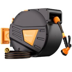 GardenJoy Retractable Garden Hose Reel 1/2 in. to 100 ft. Orange Retractable Reel Wall Mounted Width 10-In-1 Hose Nozzle