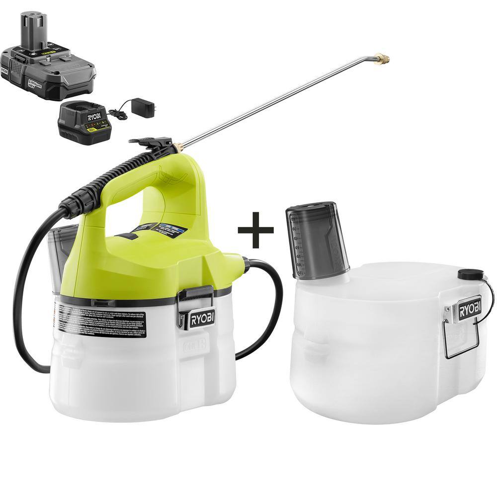 RYOBI ONE+ 18V Cordless Battery 1 Gal. Chemical Sprayer with Extra Accessory Tank, 1.3 Ah Battery, and Charger RYOBI ONE+ 18V Cordless Battery 1 Gal. Chemical Sprayer with Extra Accessory Tank, 1.3 Ah Battery, and Charger