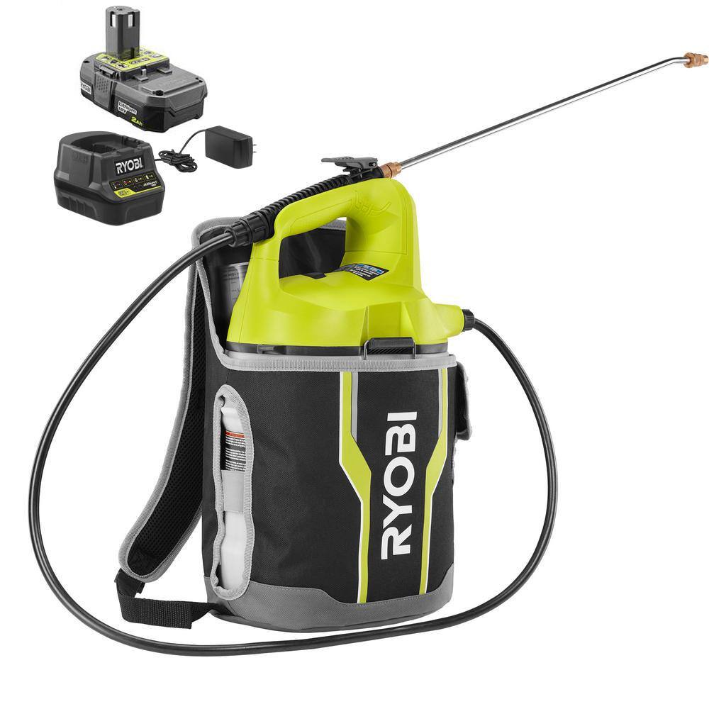 RYOBI ONE+ 18V Cordless Battery 2 Gal. Chemical Sprayer and Backpack Holster with 2.0 Ah Battery and Charger RYOBI ONE+ 18V Cordless Battery 2 Gal. Chemical Sprayer and Backpack Holster with 2.0 Ah Battery and Charger