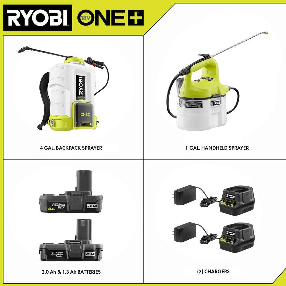 RYOBI ONE+ 18V Cordless Battery 4 Gal. Backpack and 1 Gal. Handheld Chemical Sprayers with 2.0 Ah, 1.3 Ah Battery and Charger RYOBI ONE+ 18V Cordless Battery 4 Gal. Backpack and 1 Gal. Handheld Chemical Sprayers with 2.0 Ah, 1.3 Ah Battery and Charger - Image 14