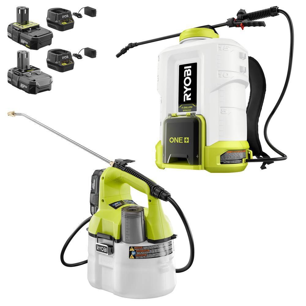 RYOBI ONE+ 18V Cordless Battery 4 Gal. Backpack and 1 Gal. Handheld Chemical Sprayers with 2.0 Ah, 1.3 Ah Battery and Charger RYOBI ONE+ 18V Cordless Battery 4 Gal. Backpack and 1 Gal. Handheld Chemical Sprayers with 2.0 Ah, 1.3 Ah Battery and Charger