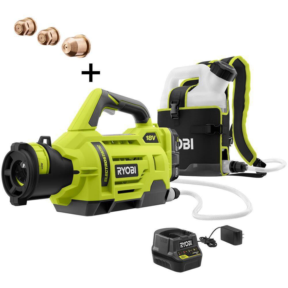 RYOBI ONE+ 18V Cordless Electrostatic 1 Gal. Sprayer w/ Extra (2) Low & (1) High Nozzles, (2) 2.0 Ah Batteries, & (1) Charger RYOBI ONE+ 18V Cordless Electrostatic 1 Gal. Sprayer w/ Extra (2) Low & (1) High Nozzles, (2) 2.0 Ah Batteries, & (1) Charger