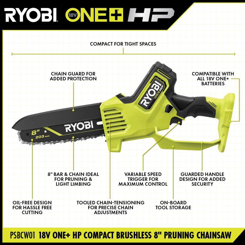 RYOBI ONE+ HP 18V Brushless 8 in. Battery Compact Pruning Mini Chainsaw with 2.0 Ah Battery and Charger PSBCW01K RYOBI ONE+ HP 18V Brushless 8 in. Battery Compact Pruning Mini Chainsaw with 2.0 Ah Battery and Charger PSBCW01K - Image 11