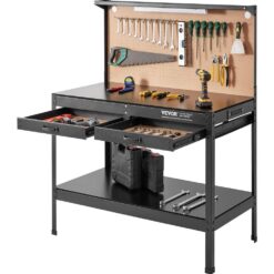 VEVOR 47 in. W x 24 in. D Heavy Duty 2-Drawer Steel Workbench in Black 220 lbs. Load Capacity with Pegboard