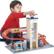 Tender Leaf Toys - Blue Bird Service Station - Classic Wooden Garage and Service Station for Cars and Helicopter with Ramps, Petrol Pumps and Car Wash Center - Imaginary and Roleplay for Children 3+