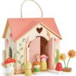 Tender Leaf Toys - Rosewood Cottage - Portable Furnished Wooden 2-Story Dollhouse Set with Handle, 4 Pcs Miniature Toadstool Family with 10 Accessories - Pretend Play Gift for Kids - Age 3+
