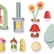 Tender Leaf Toys - Rosewood Cottage - Portable Furnished Wooden 2-Story Dollhouse Set with Handle, 4 Pcs Miniature Toadstool Family with 10 Accessories - Pretend Play Gift for Kids - Age 3+