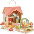 Tender Leaf Toys - Rosewood Cottage - Portable Furnished Wooden 2-Story Dollhouse Set with Handle, 4 Pcs Miniature Toadstool Family with 10 Accessories - Pretend Play Gift for Kids - Age 3+