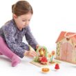 Tender Leaf Toys - Rosewood Cottage - Portable Furnished Wooden 2-Story Dollhouse Set with Handle, 4 Pcs Miniature Toadstool Family with 10 Accessories - Pretend Play Gift for Kids - Age 3+