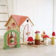 Tender Leaf Toys - Rosewood Cottage - Portable Furnished Wooden 2-Story Dollhouse Set with Handle, 4 Pcs Miniature Toadstool Family with 10 Accessories - Pretend Play Gift for Kids - Age 3+