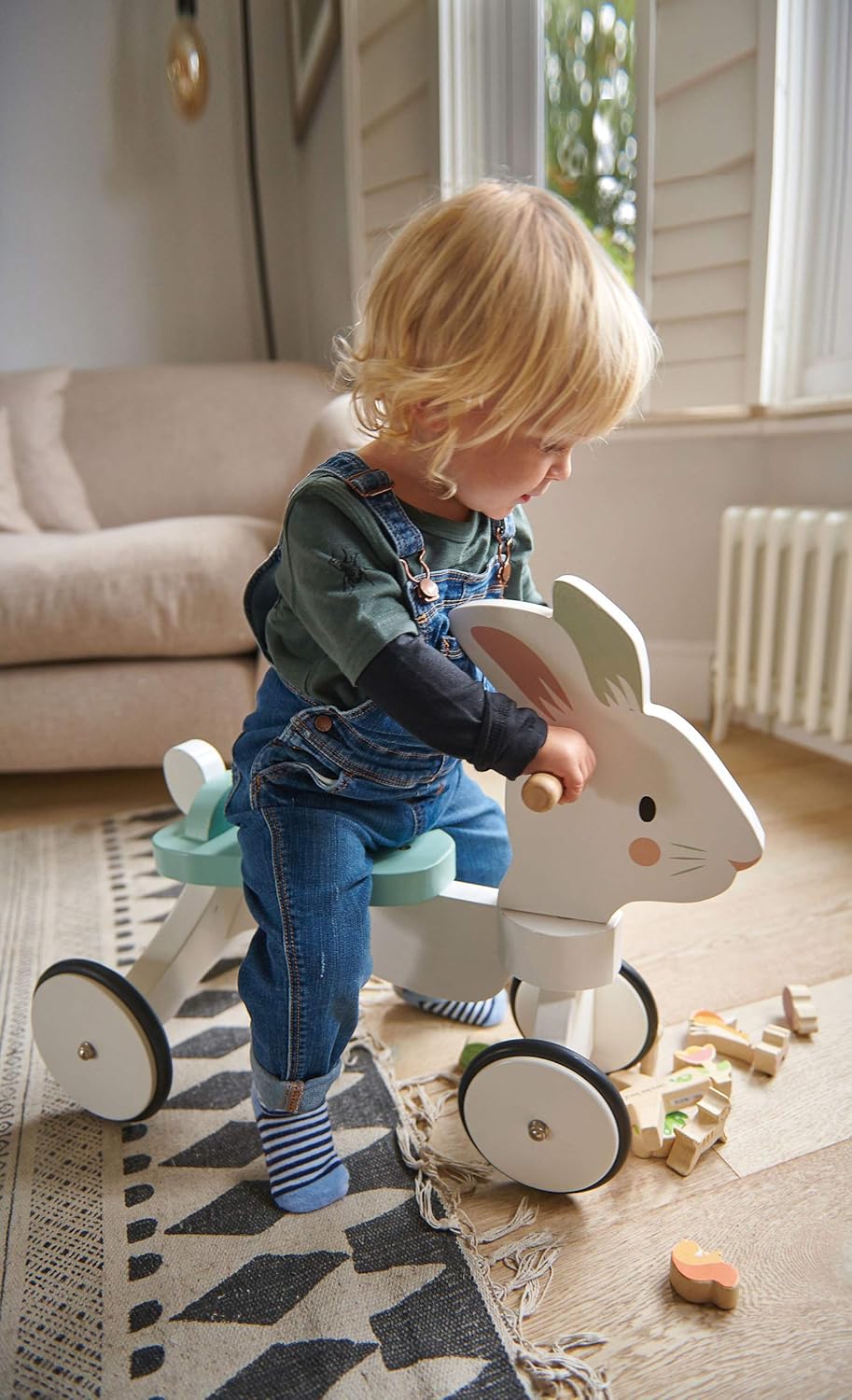 Tender Leaf Toys - Running Rabbit Ride On - Wooden Four Wheeled Push Balance Rabbit Themed Bike Tender Leaf Toys - Running Rabbit Ride On - Wooden Four Wheeled Push Balance Rabbit Themed Bike with Rubber Ring and Handle - Early Walk Development and Muscle Strength Enhancement for Children 18M+