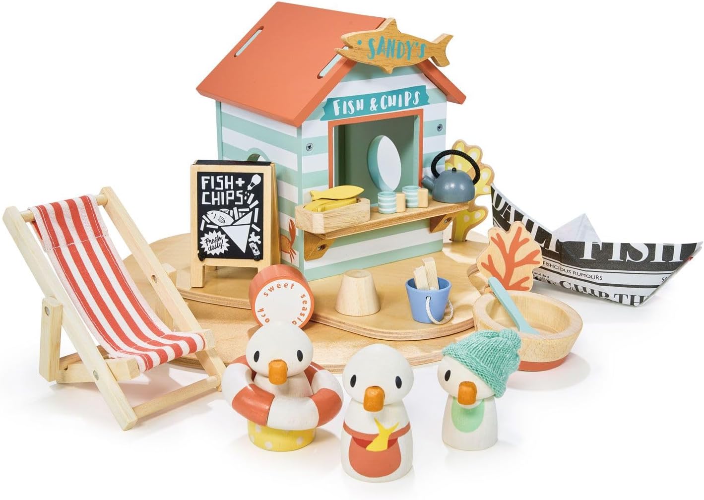 Tender Leaf Toys - Sandy’s Beach Hut - Wooden Toy Seagull Family Tender Leaf Toys - Sandy’s Beach Hut - Wooden Toy Seagull Family with Fish and Chips Beach Hut and Accessories - Imaginative Play Set - Develop Creative Storytelling - Fine Motor Skills - Age 3+